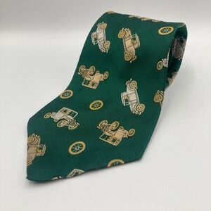 Vintage 1970's Wide Mens Kipper Tie Green Classic Cars Pattern Polyester Novelty